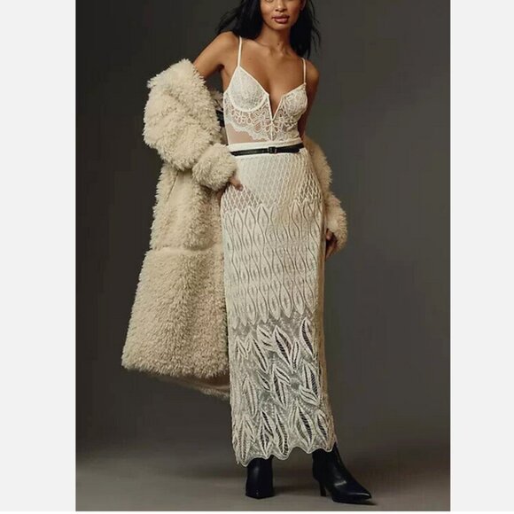 Anthropologie Woven Column Sheer Maxi Skirt Lace Beaded White XL NWT New